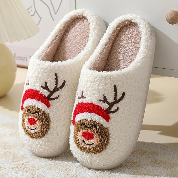 Unisex Xmas Elk Shoes Santa Reindeer Cute Strawberry Cartoon Christmas Tree Pink Bow Memory Foam Soft Plush House Slippers Indoor/Outdoor
