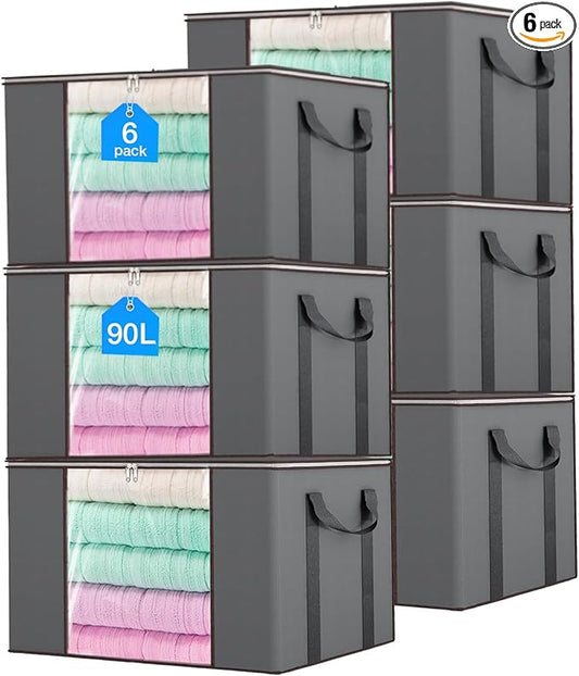 90L Extra Large Clothes Storage Bags, 6 Pack Blanket & Clothing Storage Bins, Foldable Closet Organizers with Clear Window and Reinforced Handles for Clothing, Blankets, Bed Sheets and Pillows
