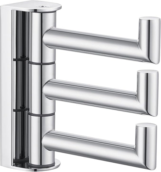 APLusee Polished Chrome Swivel Towel Hook for Bathroom, Heavy Duty 304 Stainless Steel Bathroom Wall Hook with Multi 3 Arms, Wall Mounted Towel Hanger for Kitchen Garage