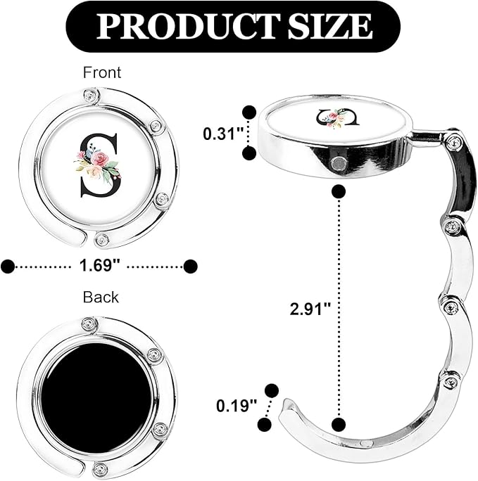 XSUIOY 3Pcs Personalized Initial Foldable Purse Hook for Table,Crushed Flower Letters Folding Purse Hanger,Purse Holder Handbag Hanger Collection Desk Table Bag Hooks Gifts for Women Bag(Black-S)