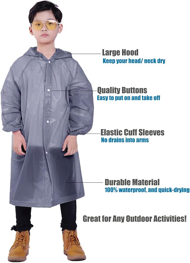Kids Rain Jacket, 2 Pack Rain Ponchos for Kids - Reusable Raincoats for Boys and Girls Waterproof Outdoor Rain Gear