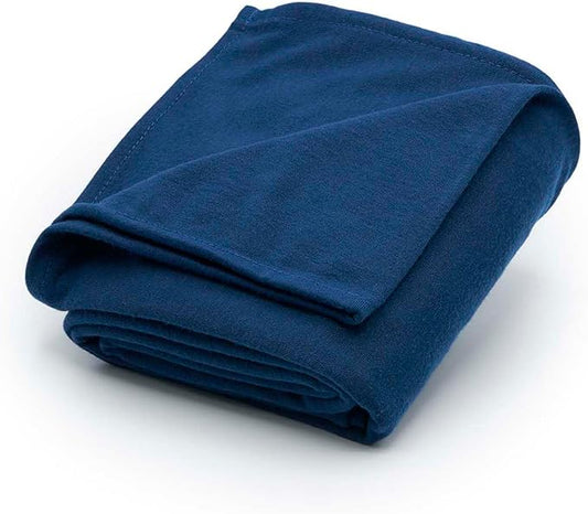 Brookstone Travel Blanket - 2-in-1 Jersey Knit Lightweight Throw Blanket with Carrying Pouch, Airplane & Car Travel Essentials, Blue