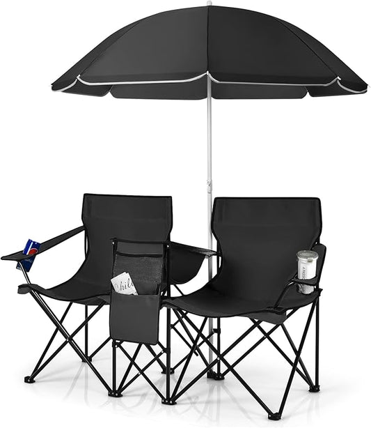 COSTWAY Double Portable Picnic Chairs, Folding Camping Chairs w/Detachable Umbrella, Cooler Bag, Cup Holders, Patio Beach Camping Chairs for Outdoors
