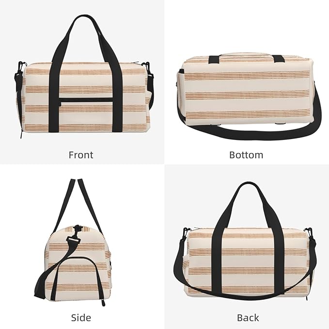 Terracotta Cream Modern Minimalist Stripe Boho Women'S Gym Duffle Bag With Shoes Compartment, Ideal For Travel, Gym, Sports, Duffel, Weekender
