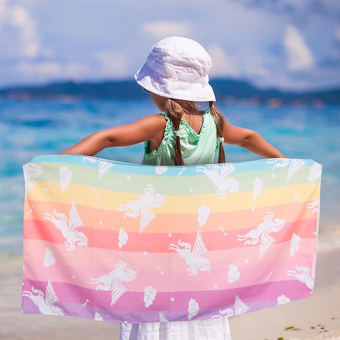 LIVILAN Pink Unicorn Rainbow Beach Towel, 24” x 48” for Kids, Girls, Women, Teens, Oversized, Soft Microfiber, Quick Dry, Sand Proof, Ideal for Travel, Pool, Picnic, Unique Unicorn Gifts