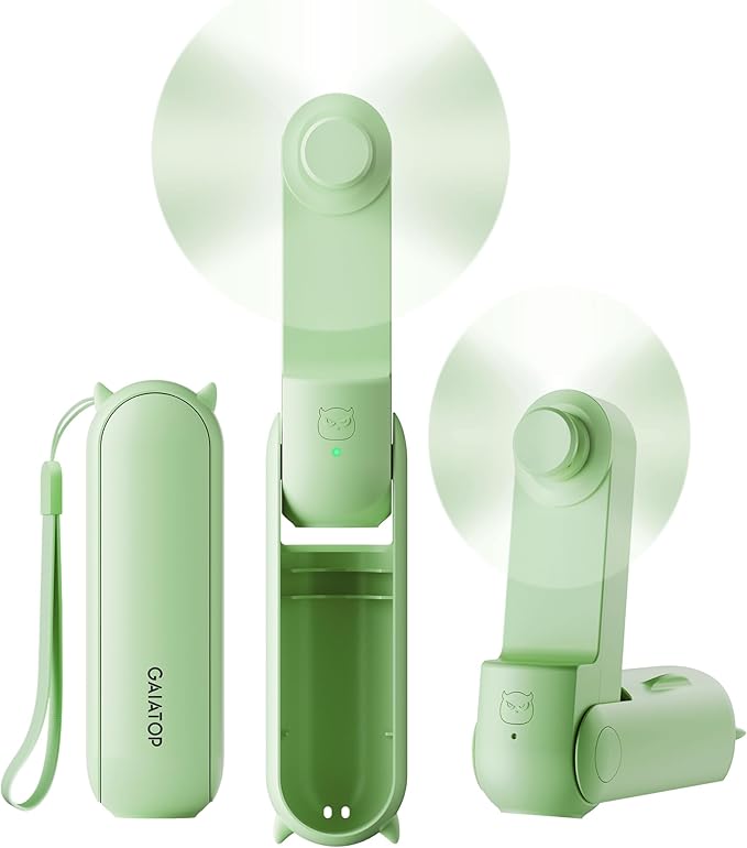 GAIATOP Portable Handheld Fan, 3 IN 1 Mini Foldable Travel Fans [17H Max Cooling Time] with Power Bank, Pocket Design USB Rechargeable for Travel Concert Lash Makeup, Summer Gifts for Women Girl Green