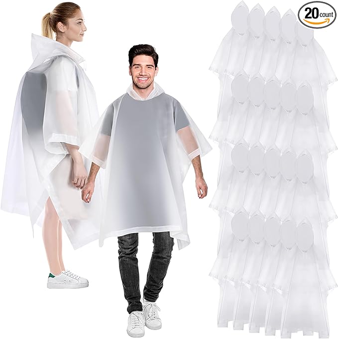 Zhehao 20 Pcs Rain Ponchos for Adult, Reusable Waterproof Plastic Rain Coat with Hood Portable Rainwear for Outdoor