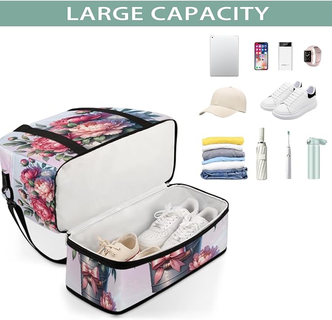 Pink Flowers Floral Large Weekender Bag with Shoe Compartment Travel Duffel Bags for Women Carry On Hospital Overnight Bag Foldable Personal Item Travel Bags Tote Gym Sports Airplanes