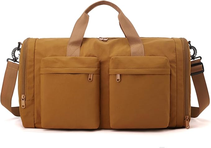 ZUEVI Gym Duffel Bag for Men Women with Shoe and Wet Compartment Lightweight Foldable Carry On Sports Travel Bag for Training Yoga Weekender(Brown)