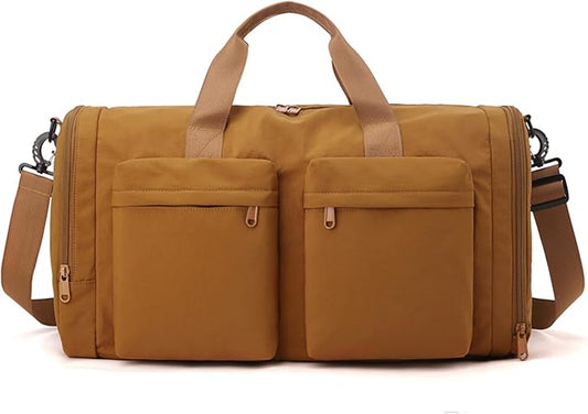 ZUEVI Gym Duffel Bag for Men Women with Shoe and Wet Compartment Lightweight Foldable Carry On Sports Travel Bag for Training Yoga Weekender(Brown)