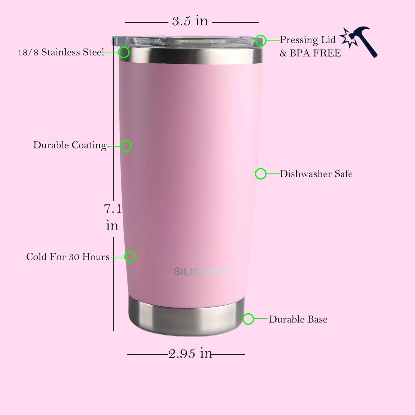 Pink 20oz Tumbler With Lid,Cute Vacuum Insulated Stainless Steel Water Bottle, Spillproof Double-Wall Thermal Iced Coffee Cup for School/Gym, BPA-Free & Dishwasher Safe,Women,Mum,Girls,Metal