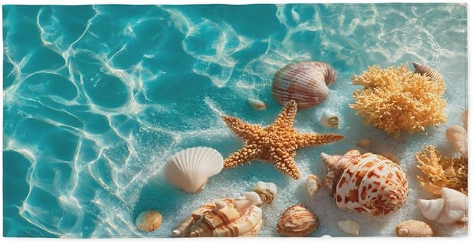 Summer Seashells Sea Beach Towel, Large Microfiber Quick Dry Lightweight Pool Bath Towels Sand Free Beach Blanket for Summer Cruise Yoga Camping Travel Vacation Essentials 31 x 61 in