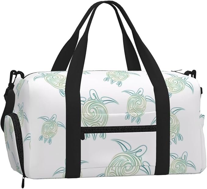 Sea Turtles Pattern White Green Nautical Women'S Gym Duffle Bag With Shoes Compartment, Ideal For Travel, Gym, Sports, Duffel, Weekender