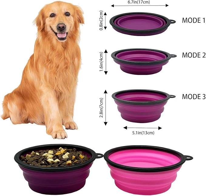 Large Collapsible Dog Bowl 35oz, 2 Pack Collapsible Travel Dog Cat Water Bowl Portable Foldable Food Dishes with 2 Carabiners for Travel, Hiking, Camping, Walking (Purple+Pink, 1000ml)