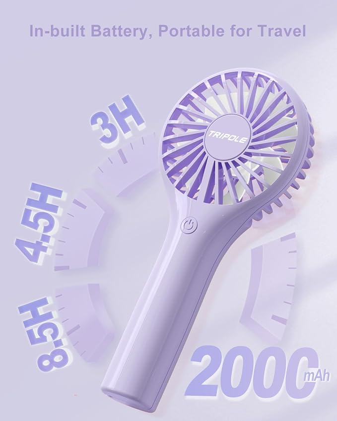 TriPole Portable Handheld Fan - Mini Personal with 3 Speeds, Powerful Little Battery Hand Held Fan for Travel Outdoor Concerts, Cute Small Rechargeable Lash Dryer for Makeup Skincare Drying, Purple