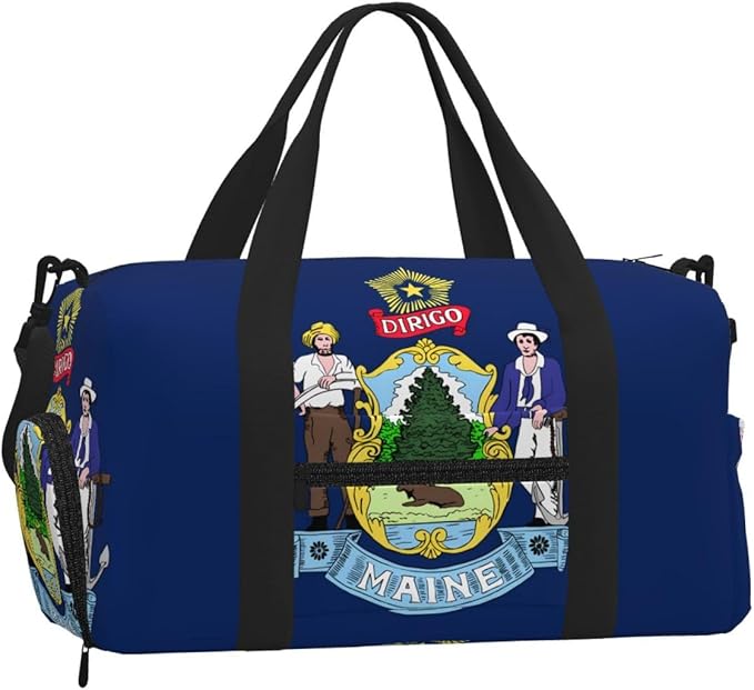 Maine State Flag Print Gym Bag with Shoe Compartment for Women Men, 17.7in Sports Duffle Weekender Tote, Overnight Travel Duffel Bag Carry On