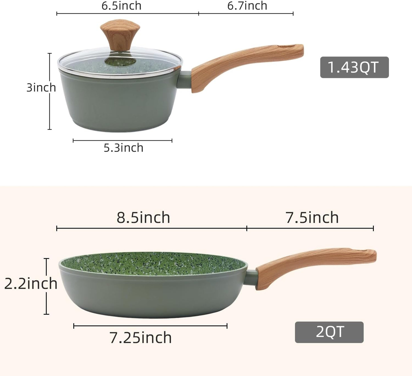 Nonstick Cookware Set, 2-Piece Non-Toxic Coated 8.5 Inch Frying Pan & Saucepan with Lid, PFOA Free Dishwasher Safe, Induction Compatible, Beginner Kitchen Pots and Pans Set, Green