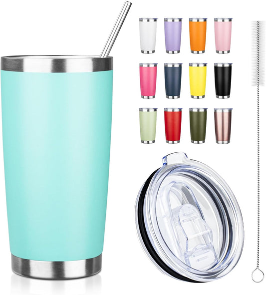20oz Tumbler with Straw and Brush, Stainless Steel Vacuum Insulated tumbler, Double Wall Insulated Coffee Tumbler for Outdoor, Home, Travel,Office (Light Green,1pcs)