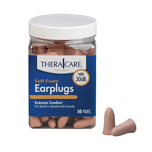 TheraCare Soft Foam Earplugs | 30 dB Noise Reduction | Slim-Fit | 50 Pairs Per Jar | Latex-Free | Sleep, Work, Travel, Recreation Uses