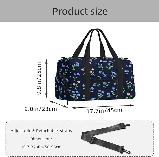 Sports Gym Bag Blue Pink Wild Flowers Travel Duffel Bag With Shoe Compartment Shoulder Strap, Lightweight Water-Resistant Weekend Overnight Totes For Women Men