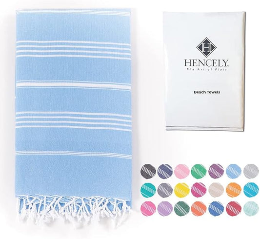 Hencely Turkish Beach Towel 37x68 Oversized, Sand-Free, Quick-Dry, Lightweight - Travel Essential for Pool & Bath - Striped 100% Cotton Bathroom Towels Accessories Gift (Light Blue)