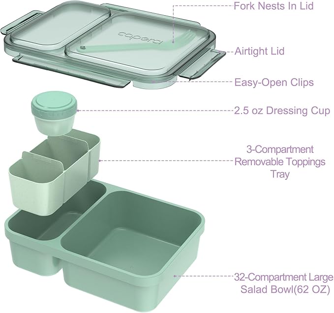 Caperci 2 Pack Salad Container for Lunch - 62 oz Large Bento Lunch Box for Adults, 2-Compartment Meal Prep Container with Removable Toppings Tray, Sauce Cup, Reusable Fork, BPA-Free (Purple & Green)