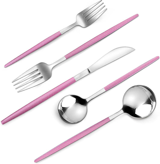 Mirror Silver Rosy Silverware Set, 20-Piece Stainless Steel Flatware Set, Satin Finish tableware Cutlery Set, Service for 4, Home and Restaurant, Dishwasher Safe