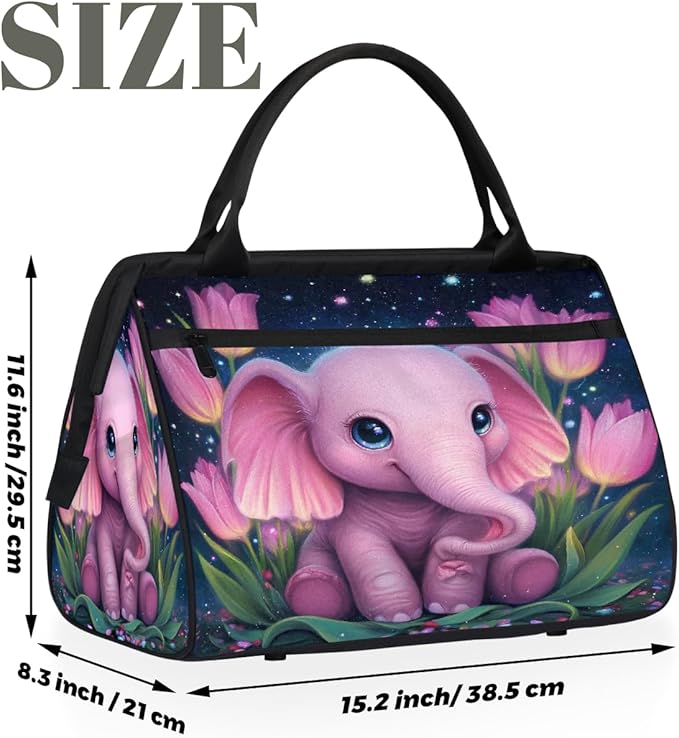 Gym Bag for Women Men, Starry Pink Elephant Tulips Sports Duffel Bags, Waterproof Travel Weekender Overnight Carry On Tote Bags for Travel Sports