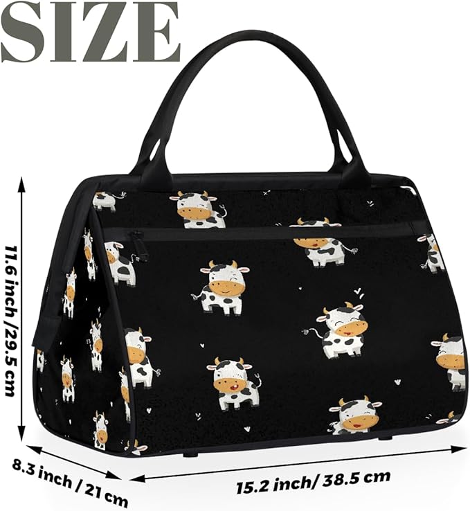 Gym Bag for Women Men, Cute Cartoon Black Cow Sports Duffel Bags, Waterproof Travel Weekender Overnight Carry On Tote Bags for Travel Sports