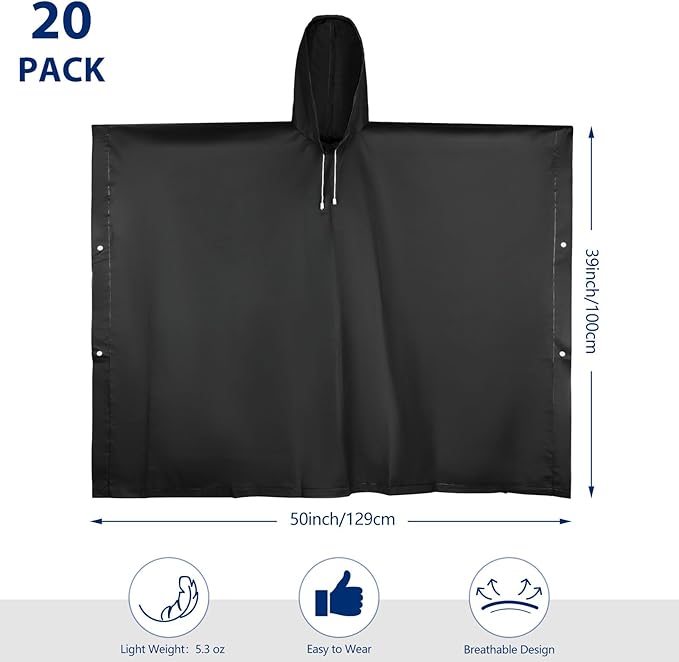 Zhehao 20 Pcs Rain Ponchos for Adult, Reusable Waterproof Plastic Rain Coat with Hood Portable Rainwear for Outdoor