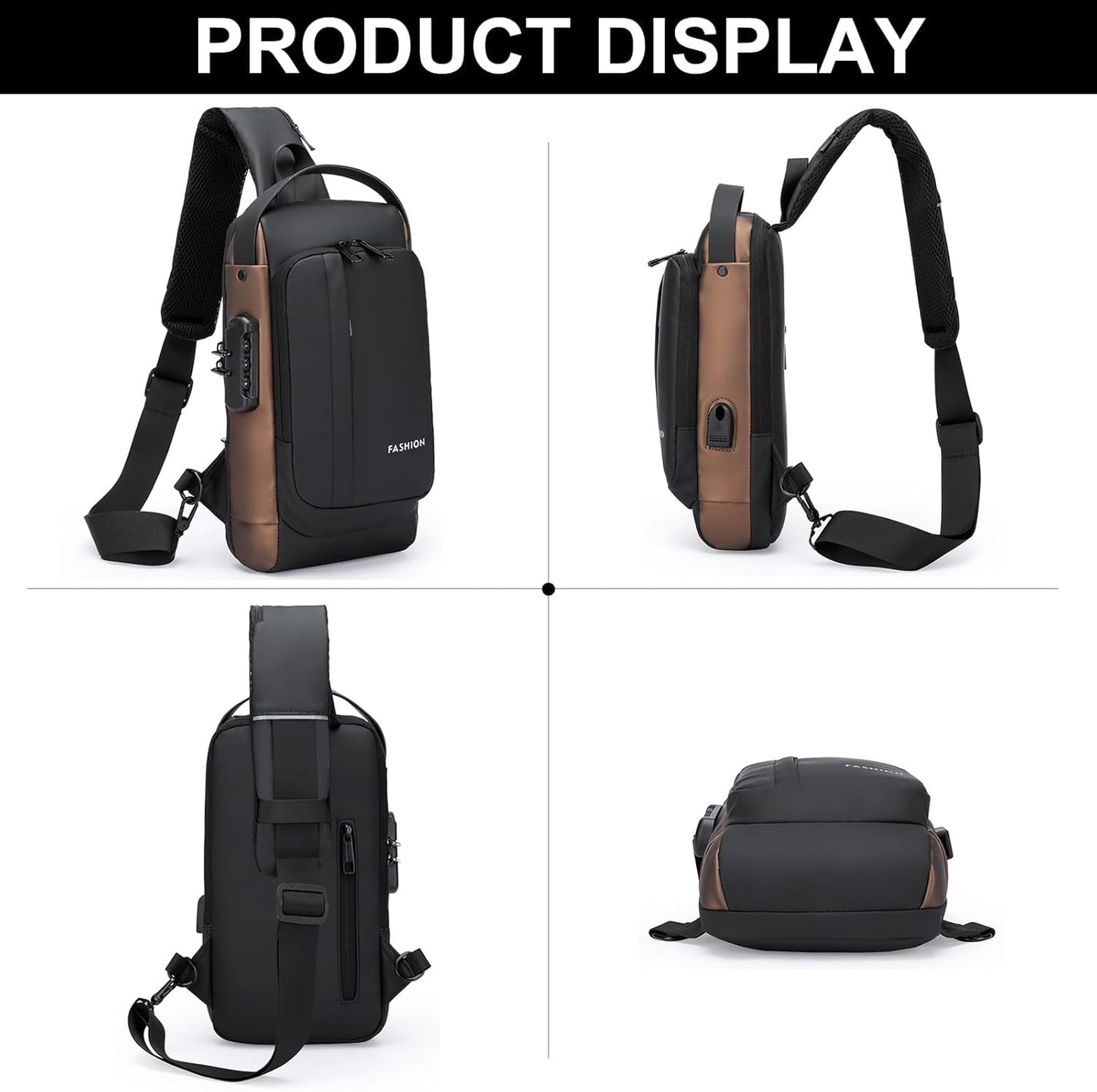 Sling Bag for Men Anti-theft USB Crossbody Shoulder Backpack Purse Waterproof PU Leather Chest Bag Travel Daily Use