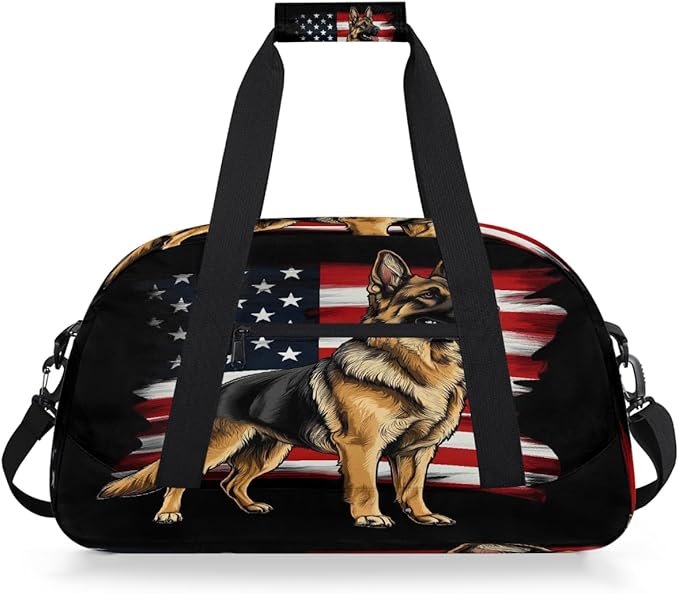 Kids Duffle Bag Girls Boys American Flag Shepherd Dog On Black Weekender Overnight Bag,Lightweight Duffel Bags for Traveling Gym Sport Dance