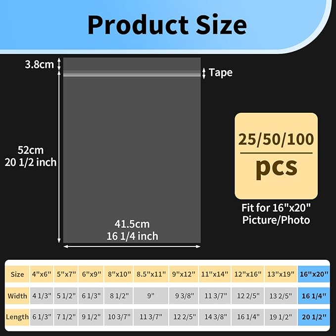50 Pack 16x20 Poster Protector - Acid Free 1.57 mil (Single Side) Thick Heavy Duty Newspaper Protector Sleeves Self Adhesive Crystal Clear Plastic Sleeves for Paper Photo Prints 16x20