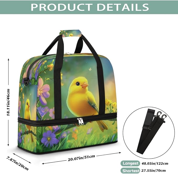 Yellow Birds Floral Sports Duffel Bag Lightweight Gym Bag with Shoe Compartment Waterproof Travel Weekender Bag for Women and Men