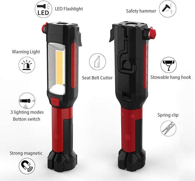 Maksone 2 Pack 9-in-1 Emergency Auto Tool with Flashlight, Window Breaker & Seat Belt Cutter, Magnetic LED Work Light with Hook for Car Repair, Camping, and Emergency Use (Battery Included)