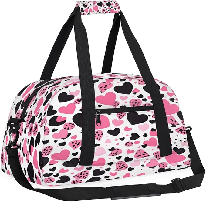 Pink And Black Leopard Print Hearts Sports Duffel Bags, Water-Resistant Gym Duffle Bag for Men Women, Lightweight Weekender Overnight Bag for Fitness, Workout, Travel