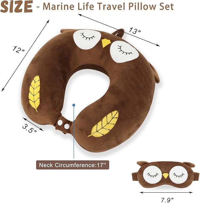 Travel Pillow, Kids Travel Pillow with Sleep Eye Mask Soft Memory Foam Kids Neck Pillow for Boys & Girls, Travel Accessories for Car Airplane Traveling - Owl