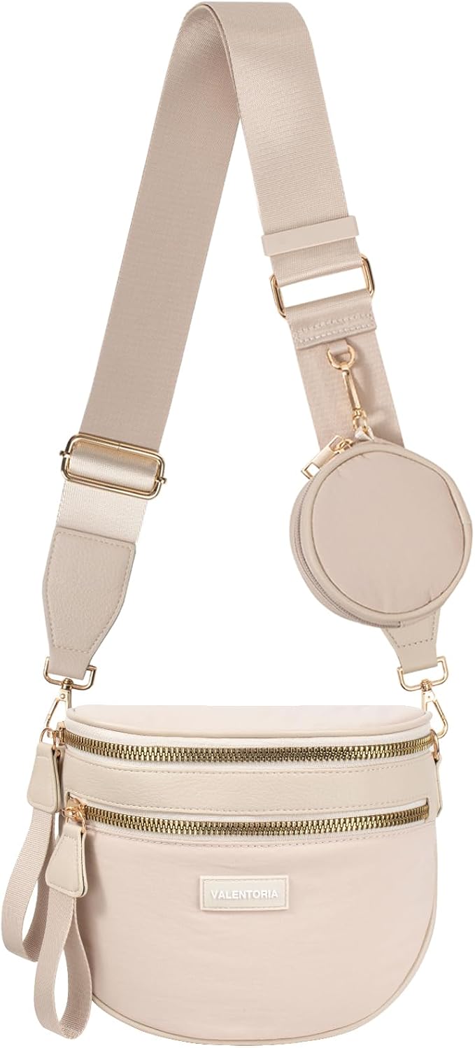 Large Nylon Crossbody Bags for Women Spacious Bum Bags for Women Crossbody Large Fanny Pack Sling Bag with Removable Wallets Purse Belt Pouch (Beige)