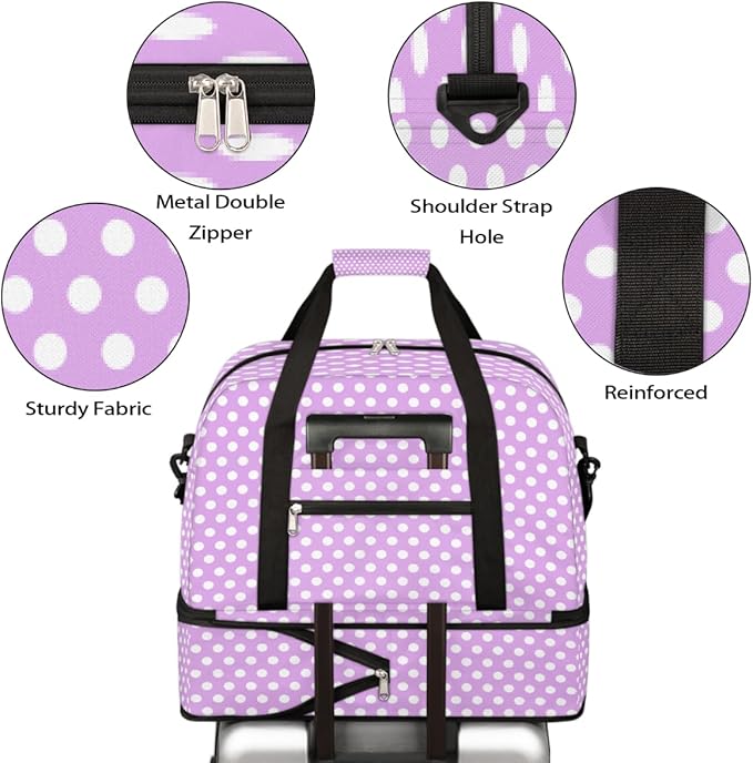 Purple White Polka Dot Large Weekender Bag with Shoe Compartment Travel Duffel Bags for Women Carry On Hospital Overnight Bag Foldable Personal Item Travel Bags Tote Gym Sports Airplanes