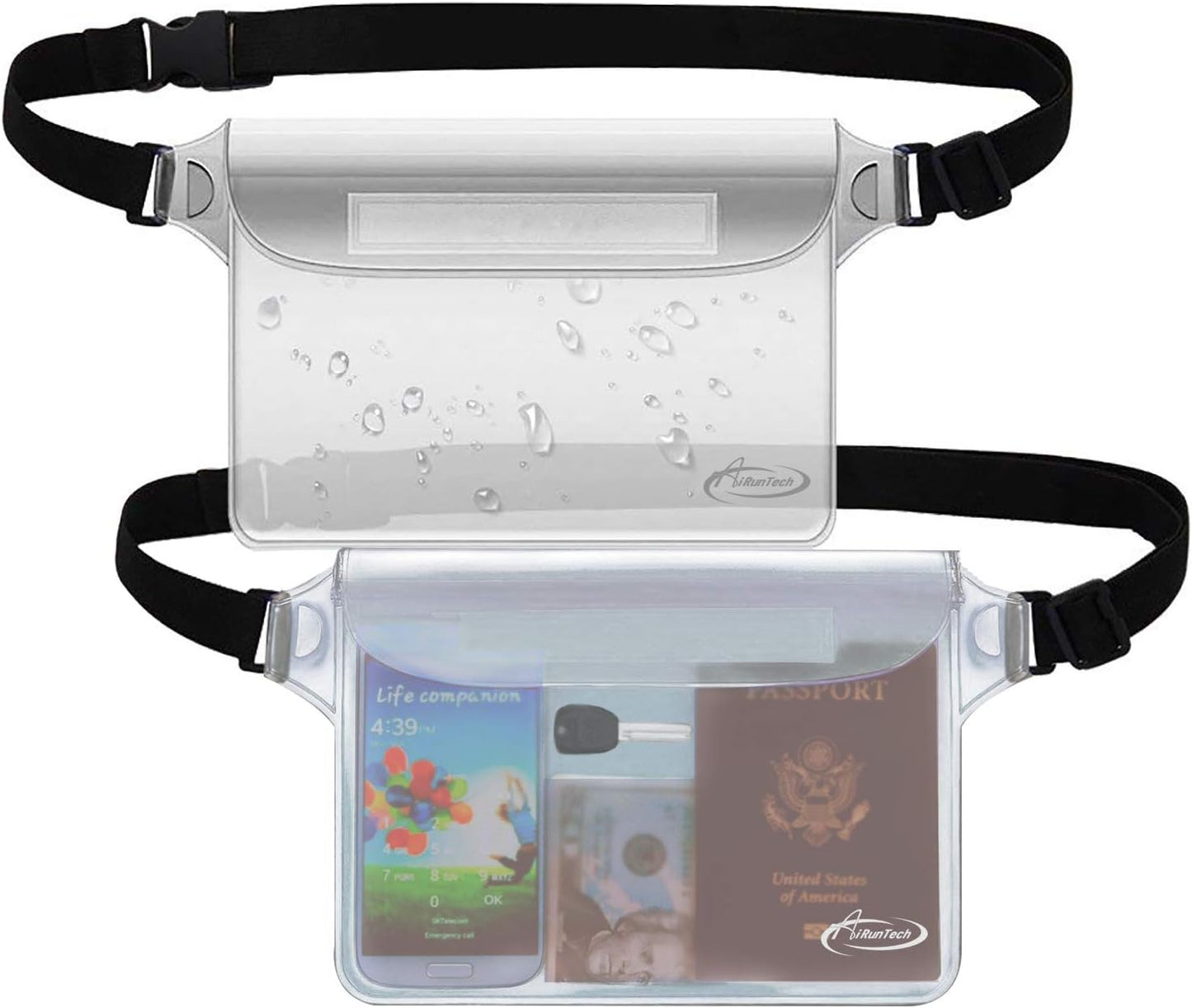 AiRunTech Waterproof Pouch with Waist Strap (2 Pack) | Beach Accessories Best Way to Keep Your Phone and Valuables Safe and Dry | Perfect for Boating Swimming Snorkeling Kayaking Beach Pool Water Park