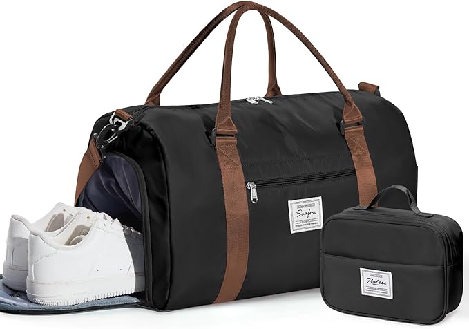 Gym Bag Womens Mens with Shoes Compartment and Wet Pocket Travel Duffel Bag for Women for Plane Sport Gym Tote Bags with Toiletry Bag Waterproof Weekend Overnight Carry on Bag Hospital Holdalls