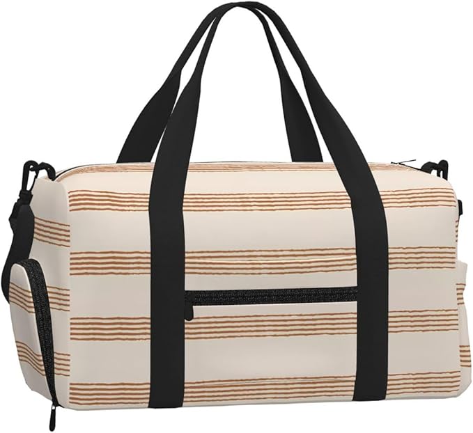 Terracotta Cream Modern Minimalist Stripe Boho Women'S Gym Duffle Bag With Shoes Compartment, Ideal For Travel, Gym, Sports, Duffel, Weekender