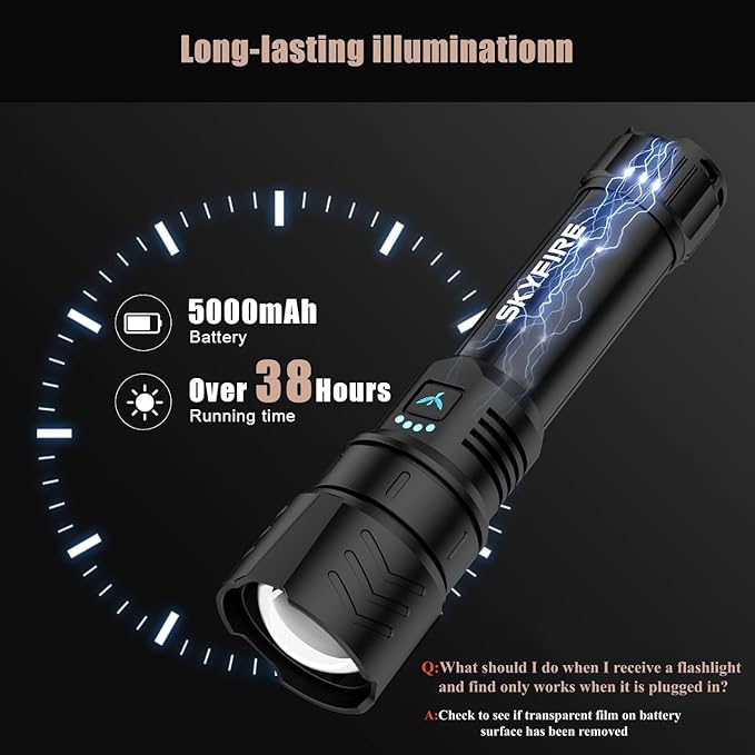 SKYFIRE Rechargeable Flashlights High Lumens with Ignition Lens,5000mAh Super Bright Flashlight Waterproof LED Tactical Flash Light for Camping Essentials Outdoor Home&Gifts