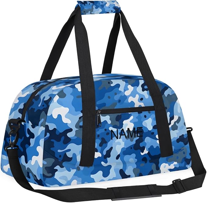 Custom Name Blue White Camouflage Boys Gym Travel Duffle Bag with Front Zipper Pocket Personalized Sports Bag for Overnight, Weekender, Carry On, 18.9 * 8.7 * 10.6 in