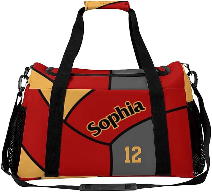 Custom Volleyball Gold Red Duffel Bag with Name Personalized Travel Bags Sport Gym Bag Carry On Weekender Bags for Men Women