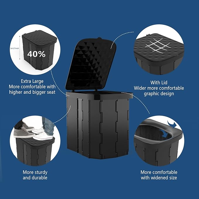 XL Portable Folding Camping Toilet - Travel Potty for Adults, 12 Toilet Bags, 12 Pack Liquid Waste Gel, Black
