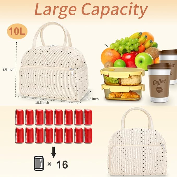 Coobiiya Lunch Bag Lunch Box for Women Men, Reusable Cute Corduroy Lunchbag - Leakproof, Insulated LunchBox Tote with Large Capacity, Dot