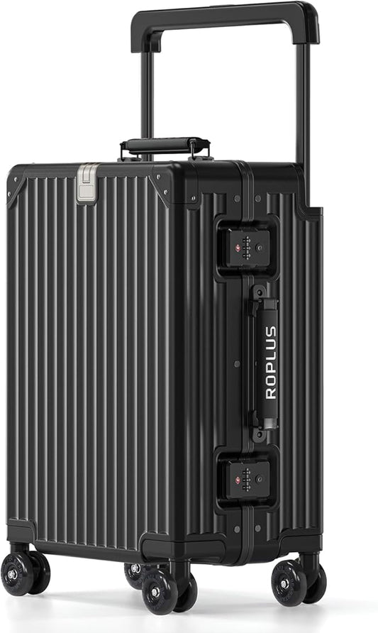 Aluminium Frame Carry on Luggage with Smooth Jelly Wheels, Hardside Zipperless Rolling Suitcase with TSA Lock (Pure Black, 21-Inch)