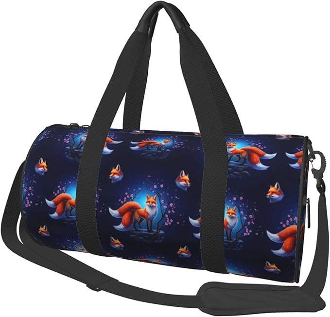 Men Women Gym Duffel Sports Bag Anime Fox, Small with Zipper Pocket for Sport, Travel, Fitness & Workout