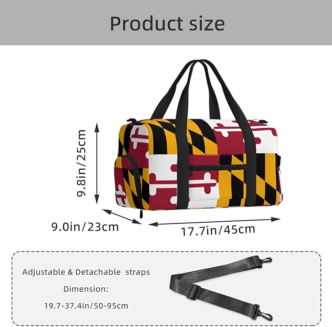 Maryland State Flag Print Gym Bag with Shoe Compartment for Women Men, 17.7in Sports Duffle Weekender Tote, Overnight Travel Duffel Bag Carry On